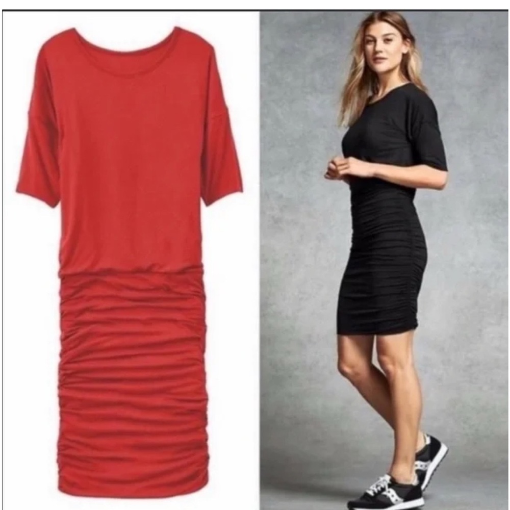 ATHLETA Solstice Ruched Stretch Jersey Dress Size Large Fire Orange Long Sleeve